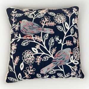 Pier One Imports Embroidered Branches Birds Throw Pillow 14 x 14 Blue White